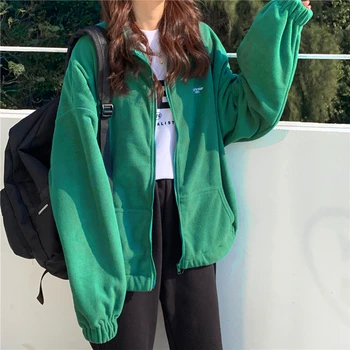 Moterų Rudenį Harajuku Hoodies Plius Aksomo Zip-up Prarasti Palaidinukė Kišenės Moterų Šiltas Atsitiktinis Streetwear Palaidinukė