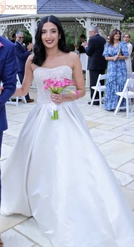 Elegantiškas Stebėjimo Vestuvių Suknelė Boho Svarbiausių Puošnios Vestuvių Suknelės Baltos spalvos Klostuotas Satino Chalatas De Mariee Teismo Traukinys