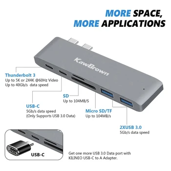 KawBrown 6 in 1 Multi USB, C, Pastatymo Statio Dual USB C su USB 3.0/USB C/TF/SD Kortelę/PD Mokestis už MacBook Pro/Air 2019