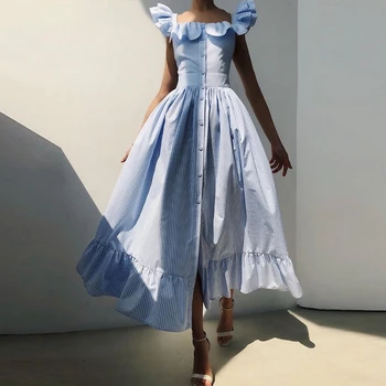 STILINGAS PANELE Pynimas Dryžuotas Printed Dress 2020 Metų Vasaros Moterų trumpomis Rankovėmis Kvadratinių Kaklo Priekyje Mygtuką Big Swing Elegantiškas Midi Suknelė