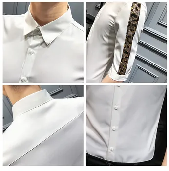 Vasaros vyriškų Marškinių Pusė Rankovės Kratinys China Suknelė Marškinėliai vyrams juoda balta gražus naktinis klubas Slim camisa masculina pardavimas