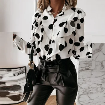Leopard Dot Spausdinti Marškiniai ilgomis Rankovėmis Marškinėliai Moterims Atsitiktinis Elegantiškas Office Lady Atvartas Mygtuką Viršūnės V-Kaklo, Trišakiai Ponios T-shirt Pavasario