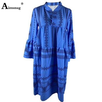 Aimsnug 2020 M. Vasarą Moterys Elegantiškas Mandarinų Apykaklės Suknelė Blyksnius Rankovės Boho Spausdinti Šalis Suknelės Ponios Blue Vintage Prarasti Suknelė