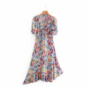Moterų prairie chic stiliaus vasaros spalvingi ilgas sukneles moterų 2020 m. prašmatnus gėlių spausdinti elastinga aukštos juosmens nesimetriškas ilga suknelė