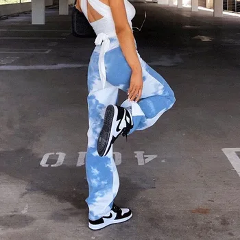 Fitneso Hip-Hop Tiesiai Krovinių Kelnės Ilgos Atsitiktinis Mėlyna Balta Aukšto Juosmens Hem Pants Capris Kaklaraištis Dažų Moterų Sweatpants Rudenį