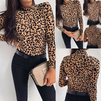 Moterų Sexy, Leopardas Vasaros Ilgomis Rankovėmis Golfo Topai Marškinėliai Slim Ponios Viršūnes Atsitiktinis Dugno Marškinėliai