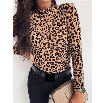 Moterų Sexy, Leopardas Vasaros Ilgomis Rankovėmis Golfo Topai Marškinėliai Slim Ponios Viršūnes Atsitiktinis Dugno Marškinėliai