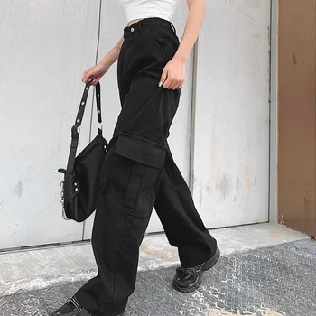 YHLZBNH Moterų Pločio Kojų Džinsus Priežastinis Kišenėje Susiuvimo Aukšto Juosmens Džinsinio audinio Kelnės Streetwear Kietos Ponios Kelnės su Užtrauktuku Džinsai
