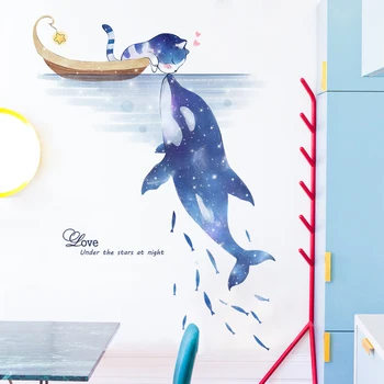 3D Sienų Lipdukai Gyvenamasis Kambarys Sofos Fone Decal Miegamasis Šiltas Tapetai Katė Delfinų PVC Lipni, Sieniniai