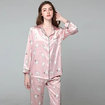 Satino Sleepwear Naujas Moterų Pižama Kostiumas Šilkiniai Marškiniai&Kelnės Naktiniai Drabužiai Atsitiktinis Spausdinti Miego Nustatyti, Pižamos Minkštas Namų Drabužiai
