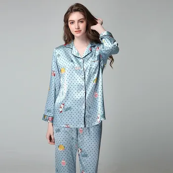 Satino Sleepwear Naujas Moterų Pižama Kostiumas Šilkiniai Marškiniai&Kelnės Naktiniai Drabužiai Atsitiktinis Spausdinti Miego Nustatyti, Pižamos Minkštas Namų Drabužiai