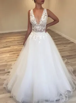 Elegantiškas, Tiulis Vestuvių Suknelė Pigūs 2019 V-kaklo Zawalcowany Diržo A-line Wedding Bridal Gown vestito da sposa