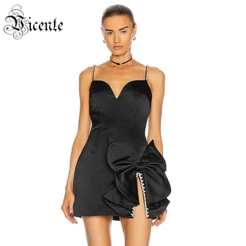 VC Elegantiškos Juodos spalvos Mini Slydimo Suknelė Sexy V Kaklo, Rankovių Karoliukai Lankas Dizainas Įžymybė Šalies Klubas Satino Vestido