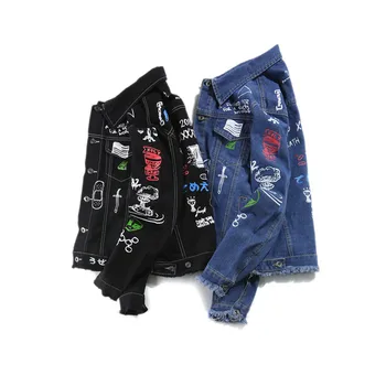 Vyrų Rudens-Pavasario Asmenybės Grafiti Džinsai Švarkai Atsitiktinis Hip-Hop Mados Derliaus Spausdinimo Džinsinio audinio Paltai Streetwear viršutinių drabužių siuvimas