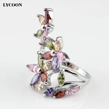 LYCOON naujas elegantiškas keturių lapų, gėlių prabangūs žiedai šakės nustatymas spalvinga Markizė Kubinis Cirkonis graži šalis žiedas moterims