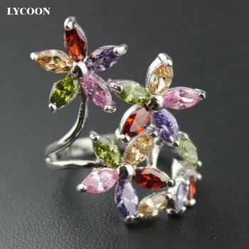 LYCOON naujas elegantiškas keturių lapų, gėlių prabangūs žiedai šakės nustatymas spalvinga Markizė Kubinis Cirkonis graži šalis žiedas moterims