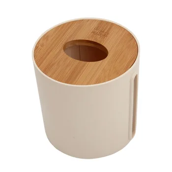 Kambarį bambuko medienos popieriniu rankšluosčiu lauke namų lentelės viršuje apvalūs plastikiniai knyga-piešimo popieriaus langelį, tualetinio popieriaus langelį