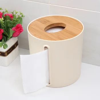 Kambarį bambuko medienos popieriniu rankšluosčiu lauke namų lentelės viršuje apvalūs plastikiniai knyga-piešimo popieriaus langelį, tualetinio popieriaus langelį