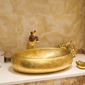 Aukso/Sidabro ovalo Europoje stiliaus praustuvas kriaukle keramikos baseino kriaukle Jingdezhen skalbimo baseino Skaitiklis Viršuje, vonios kambaryje keraminės kriauklės