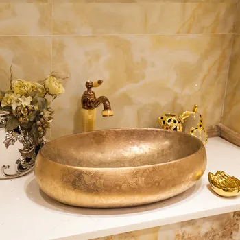 Aukso/Sidabro ovalo Europoje stiliaus praustuvas kriaukle keramikos baseino kriaukle Jingdezhen skalbimo baseino Skaitiklis Viršuje, vonios kambaryje keraminės kriauklės