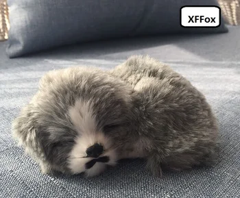 Mažas realiame gyvenime pilkos spalvos šuo modelis plastinė ir kailiai, miega šuo lėlės dovana, apie 12x9x5cm xf1463