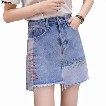 Moterys Vasarą Kratinys Aukšto Juosmens džinsai, sijonai, derliaus kišenės faldas Europos stilius ponios mados mini-line sijonai Xnxee