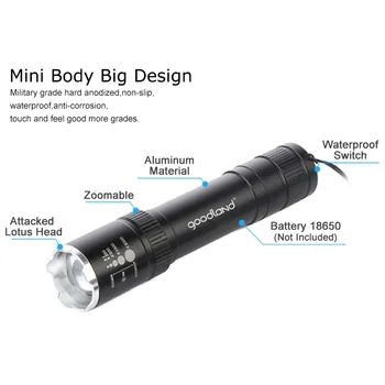 Goodland LED Žibintuvėlis Q5 2-4 Failus LED Žibintuvėliai Didelės Galios Taktinis Žibintuvėlis 18650 Baterija Lanterna Zoomable LED Penlight