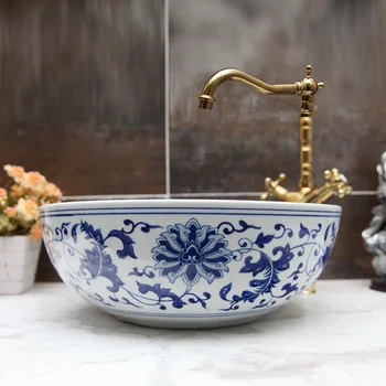 Europoje Vintage Stiliaus Art praustuvas Keramikos Skaitiklis Viršuje vertus baseino vonios baseino mėlynos ir baltos keraminės kriauklės Vonios Kriaukle