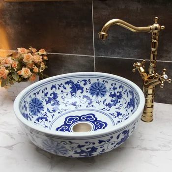 Europoje Vintage Stiliaus Art praustuvas Keramikos Skaitiklis Viršuje vertus baseino vonios baseino mėlynos ir baltos keraminės kriauklės Vonios Kriaukle