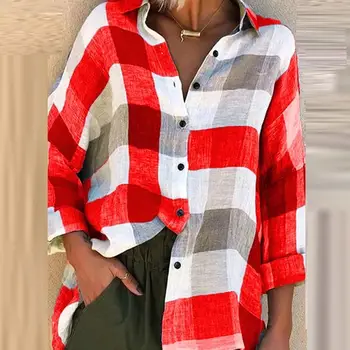 2020 Moterų Plius Dydžio Pledas Marškiniai Ilgarankoviai Atsitiktinis Palaidų Palaidinė Marškinėliai Pasukite Žemyn Apykaklės Lady Mygtuką Elegantiškas Blusa Streetwear