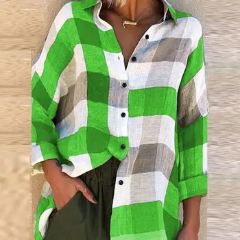 2020 Moterų Plius Dydžio Pledas Marškiniai Ilgarankoviai Atsitiktinis Palaidų Palaidinė Marškinėliai Pasukite Žemyn Apykaklės Lady Mygtuką Elegantiškas Blusa Streetwear