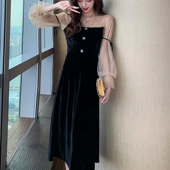 Vientisas 2021 Korėjos Stiliaus Pavasario Prašmatnus Suknelė Prancūzų Mados, V-Kaklo, Temperamentas Nėrinių Suknelė Sujungimas Priešingai Nei Aukso Aksomo Suknelė