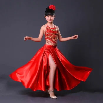 2021 Aukštos Kokybės Satin Soft Raudona Juoda Paauglys Merginos Ispanų Flamenko Sijonas Dryžuotas Bling Pramoginiai Etape Dėvėti Veiklos Suknelė