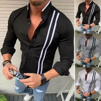 New Style Mens Dryžuotas Oficialaus Marškinėliai Prabanga Slim Fit Long Sleeve Stovėti Apykaklės Viršūnes Palaidinė Atsitiktinis Marškinėliai Topai