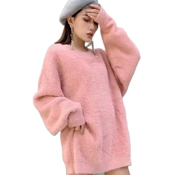 Mink aksomo storio prarasti saldainiai spalvos megztinis džemperis moterims rudens ir žiemos naujų didelių versija tingus vėjas šiltas vidutinio ilgio kailis