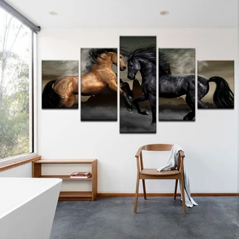 5 Vnt Rudas Arklys Ir Dark Horse Sienos Paveiksl Namų Puošybai Kambarį Drobė Spausdinti Sienos Paveikslų Spausdinimas Ant Drobės