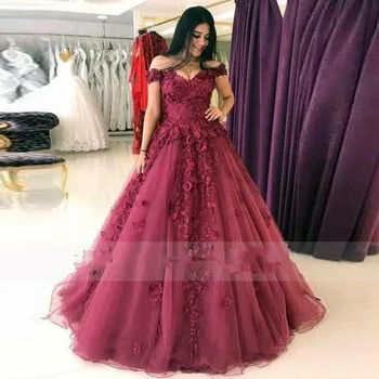 E JUE SHUNG Burgundijos Princesė Vestuvių Suknelės Off Peties Nuotakos Suknelė 3D Gėlių Gėlių Nėrinių Chalatas de mariee