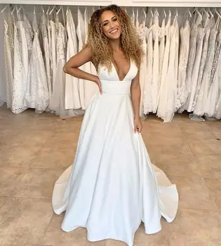 2021 vestuvių suknelė satino v-kaklo afrikos v-kaklo grindų ilgis su rankovių seksualus vestuvinės suknelės valymo traukinio pour femme mariage