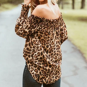 2021 M. Pavasarį, Rudenį Moterų Mados Leopard Print T-Shirt Seksualus Velniop Kaklo Prarasti Ilgomis Rankovėmis Off Peties Leopard Print T-Shirts