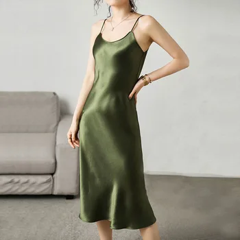 Prabanga Spindintys Sundress Satino Berankovis Suknelė Spageti Dirželis Seksualus Šilko Imitacijos Suknelė 2021 Moterų Tiesiai Žaliai 13115