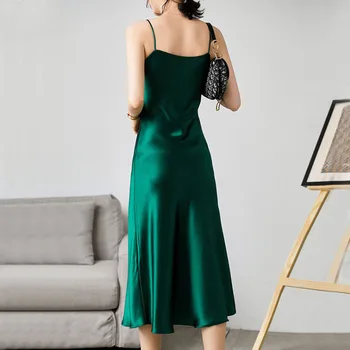 Prabanga Spindintys Sundress Satino Berankovis Suknelė Spageti Dirželis Seksualus Šilko Imitacijos Suknelė 2021 Moterų Tiesiai Žaliai 13115