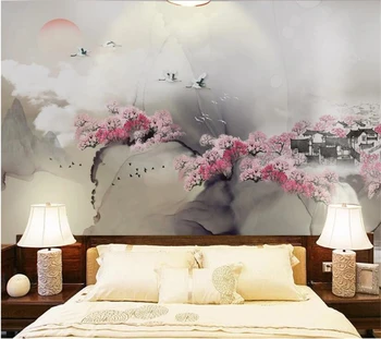 Wellyu Pritaikyti didelės apimties sieninis naujas Kinų stiliaus rašalo kraštovaizdžio peach blossom village gražus fonas