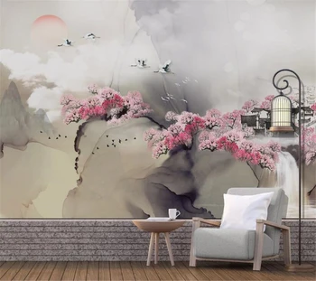 Wellyu Pritaikyti didelės apimties sieninis naujas Kinų stiliaus rašalo kraštovaizdžio peach blossom village gražus fonas