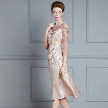 Moterų suknelė Plonas Vasaros suknelė siuvinėjimo Aukštos juosmens, O ant kaklo-Line suknelė Moterims HX9149