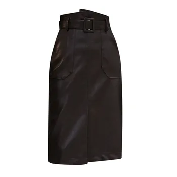 Mados PU odos pusė ilgio odinis sijonas 2021 aukšto juosmens krepšys klubo ritininės vidutinio ilgio sijonas nereguliarus vienas žingsnis sijonas su diržu