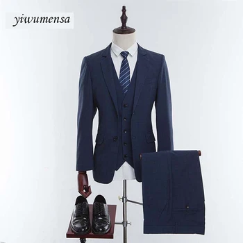 Yiwumensa Prekės Tuxedos Užsakymą vyrų kostiumai Jaunikis Mėlynos Medvilnės Sportiniai švarkai (bleizeriai) Retro individualų užsakymą Slim Fit Vestuvių Jaunikis Tinka Mens