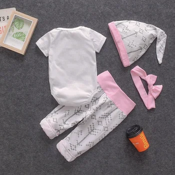 2020 m. Nauja Baby Girl Drabužiai Baby Girl Romper 4pcs nustatyti Trumpi marškinėliai Romper+ziajać+hat+headhand Mielas Vasaros Medvilnės Baby Girl Rinkinys