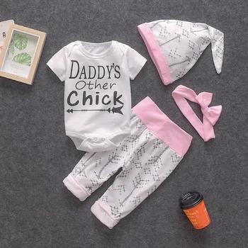 2020 m. Nauja Baby Girl Drabužiai Baby Girl Romper 4pcs nustatyti Trumpi marškinėliai Romper+ziajać+hat+headhand Mielas Vasaros Medvilnės Baby Girl Rinkinys