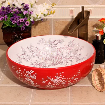 Gražus Jingdezhen gamykloje tiesiogiai meno vertus dažytos keramikos vonios kambarys kriauklė kriauklės slyvų žiedų dažymas raudona ir balta