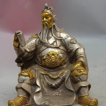 USPS JAV S0986 Kinija Baltos spalvos Vario, Sidabro Dragon Gong Guan Yu Kariai Buda Skaityti Knyga Statula (B0328)